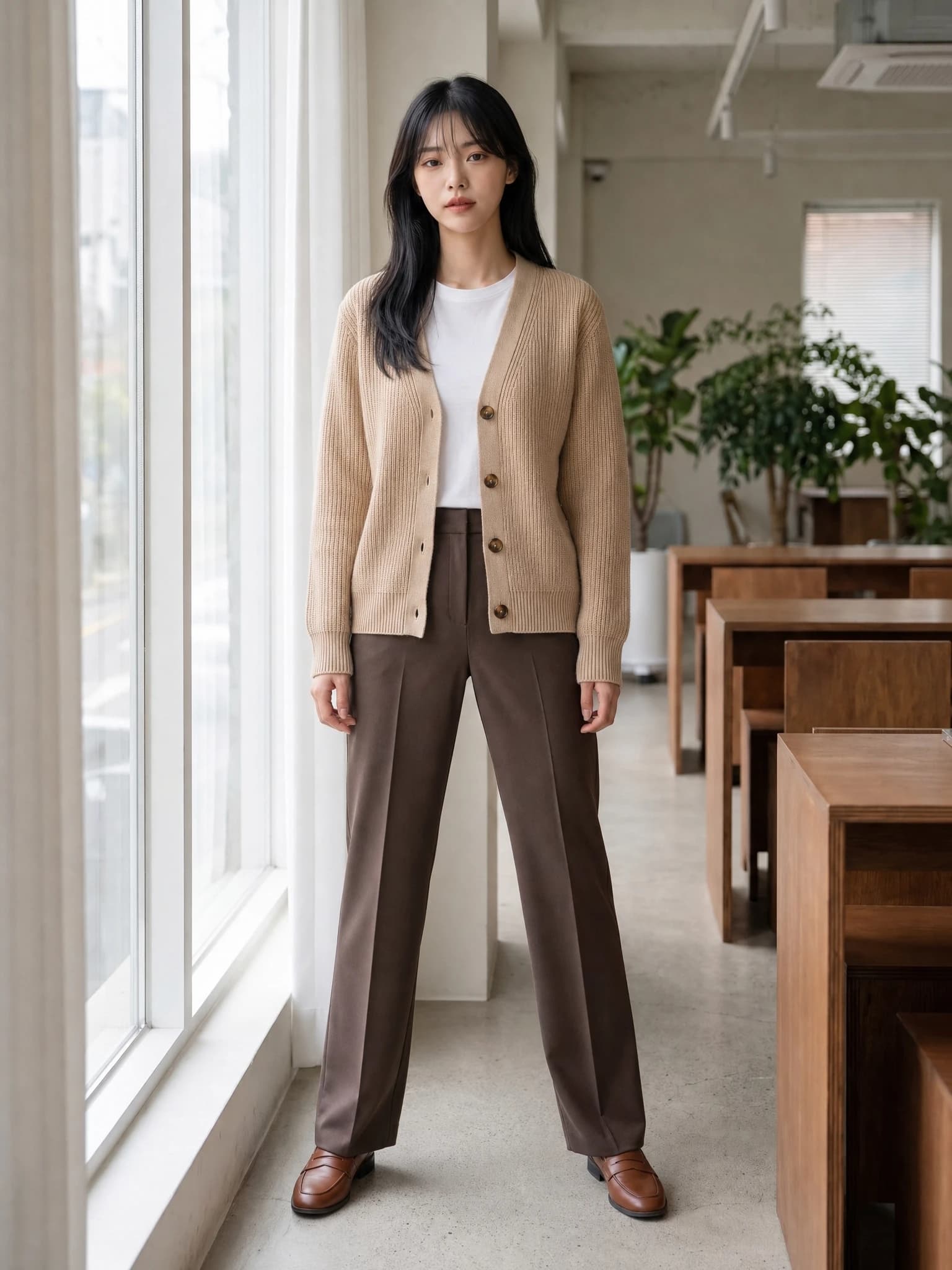 같은 베이지 가디건에 하의와 신발을 코디한 미라 모델의 카페 착용컷